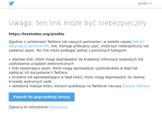 Informacja z twittera "ten link może być niebezpieczny" która pokazuje się po kliknięciu w link do fediverse https://fosstodon.org/@miklo