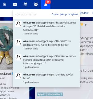 screenshot - lista powiadomień na stronie friendica