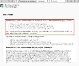 screenshot - analiza prywatnosci strony rootblog.pl wtyczką rentgen