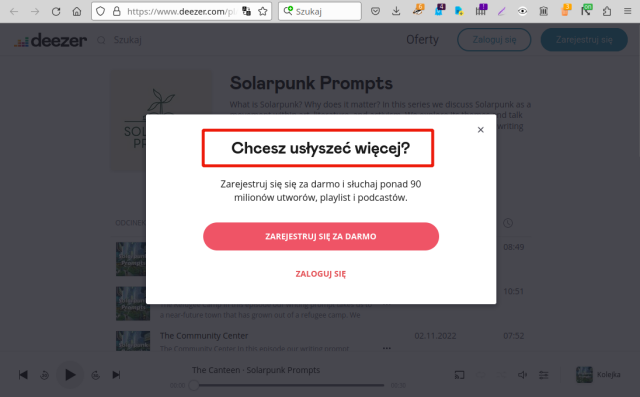 screenshot - strona deezer.com z wymaganiem loginu