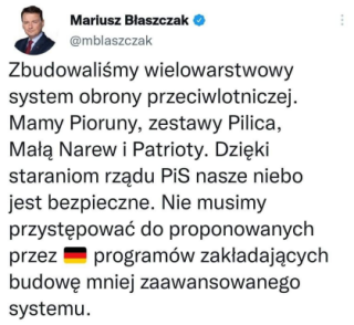 Tweet Błaszczaka z wyliczeniem jakie mamy systemy OPL i że nasze niebo jest bezpieczne