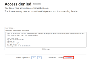 Screenshot - blokada od cloudflare na stronie notesfrompoland.com