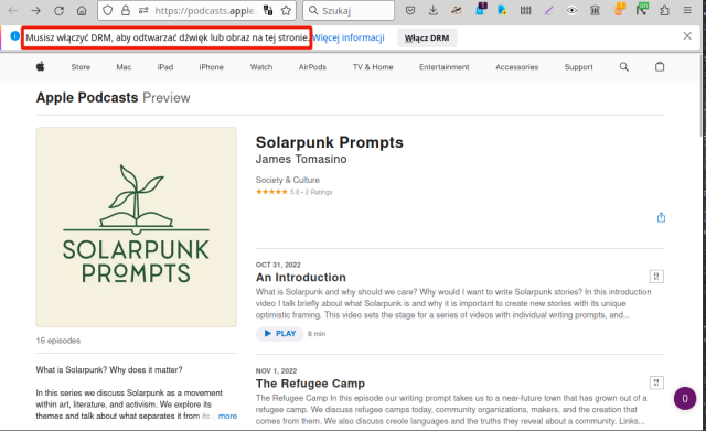screenshot - strona applepodcast z wymaganiem DRM