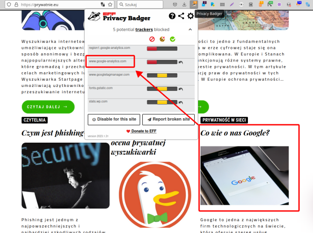 Screenshot - strona prywatnie.eu , zaznaczony artykuł "Co wie o nas google" oraz informacja z z plugina "privacy badger" ,że na stronie prywatnie.eu śledzi nas ... google.