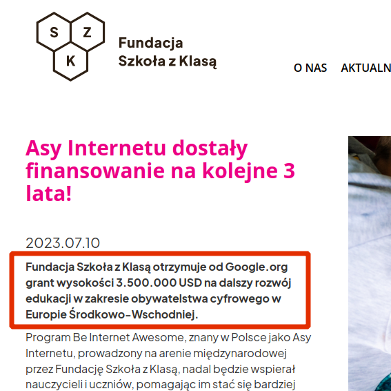 screenshot - Fundacja Szkoła z Klasą otrzymuje od Google.org grant wysokości 3.500.000 USD na dalszy rozwój edukacji w zakresie obywatelstwa cyfrowego