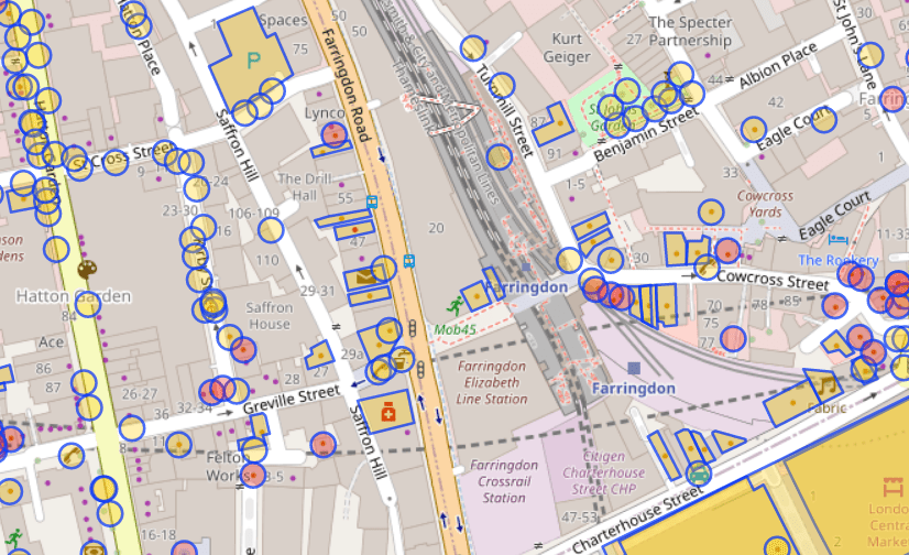 Map of a part of London. Some parts are highlighted.