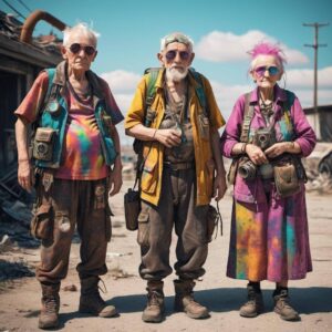 Three oldtimers in a postapo-hippie-tourist outfit against a fuzzy backdrop of a dilapidated settlement.