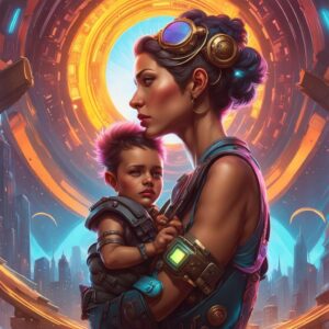 A madonna-style picture of a young mother with child, vaguely solarpunk-styled, against a backdrop of hazy skyscrapers and space structures, forming a kin of halo around their heads.