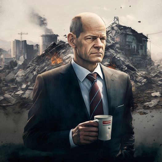 A painting-style picture, showing German chancellor Olaf Scholz standing with a cup of tea or coffee in front of a burning city ruins.