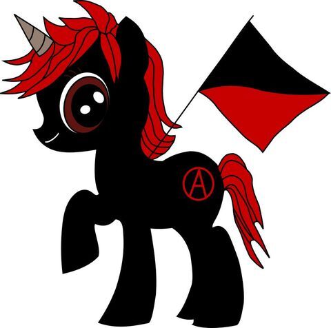 A black-red unicorn with an Anarchist sign on its rear and a red-black flag