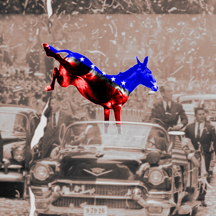 An old fashioned tickertape parade. In an open-top convertible, surrounded by security, is a kicking Democratic Party donkey colored red, white and blue.