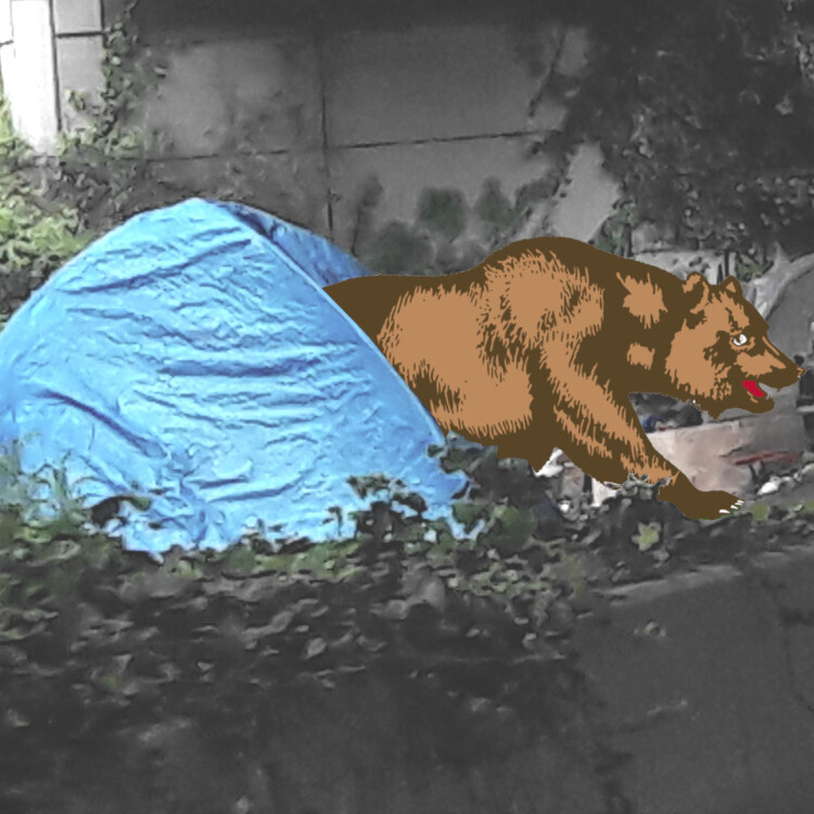 A homeless person's tent under a freeway underpass. From it emerges the bear from the California state flag.

Image:
Wonderlane (modified)
https://www.flickr.com/photos/71401718@N00/34328251571

CC BY 2.0
https://creativecommons.org/licenses/by/2.0/