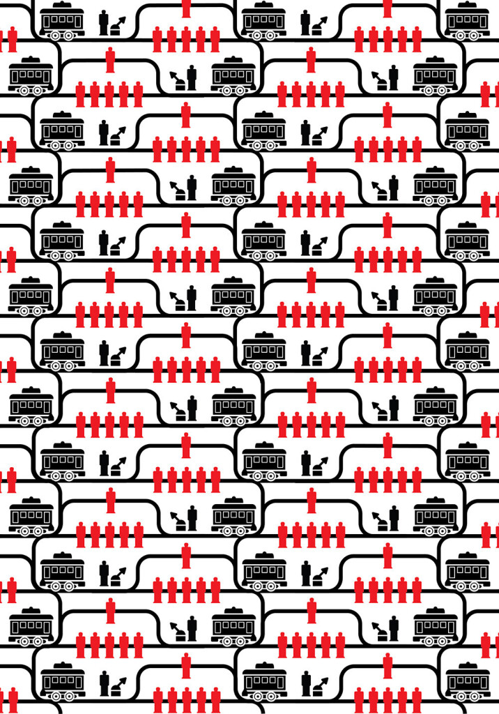 John Holbo's 'trolley problem' art, a repeating pattern of trolleys, tracks, people on tracks, and people standing at track switches.