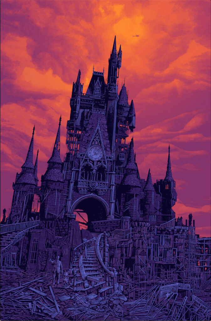 Daniel Danger's art print, 'To all who home to this happy place,' depicting a ruined Disneyland castle in a post-apocalyptic landscape with a statue of Walt and Mickey in the rubble.