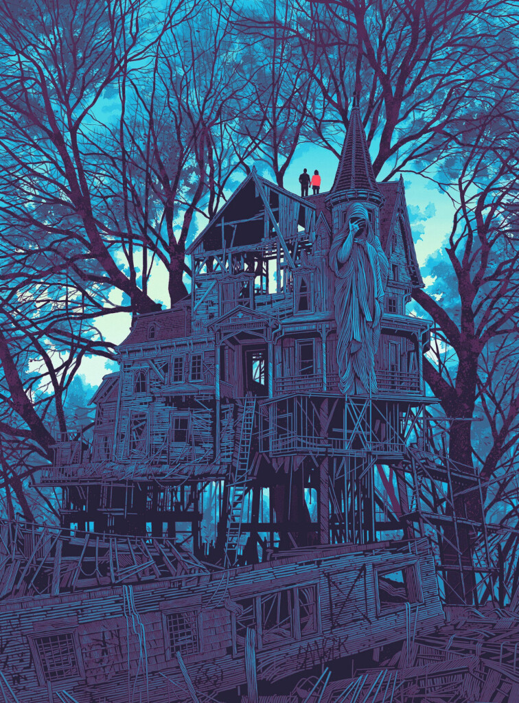 Daniel Danger's 'It stopped being about the panic,' depicting a ruined mansion interwoven with the skeletal branches of a tree, with a weeping statue and two human figures