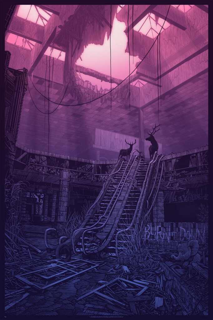 Daniel Danger's 'headlight in the path of,' depicting a ruined mall with a pair of stags standing at the top of the escalator.