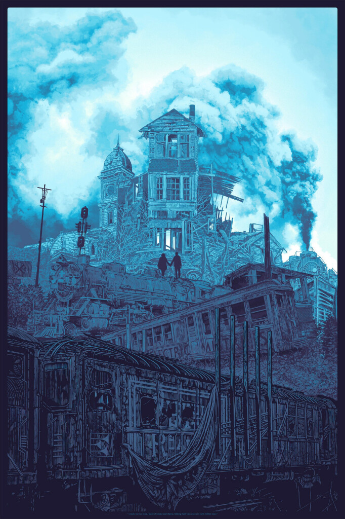 Daniel Danger's 'made of smoke and chains,' depicting a ruined landscape with a pair of derelict subway trains at the foot of a hill on whose peak is a rotting mansion. A pair of human figures, holding hands, are approaching the mansion.