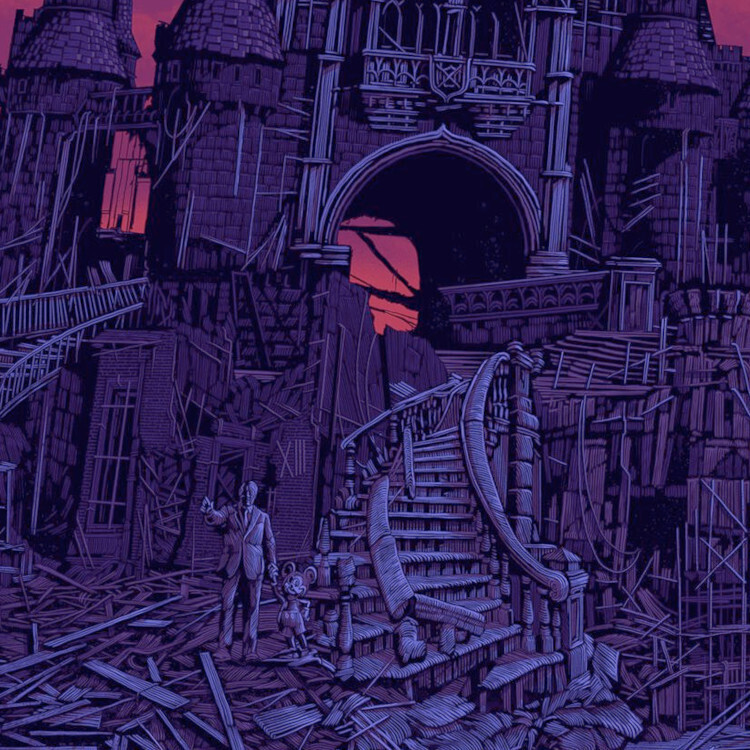 Daniel Danger's art print, 'To all who home to this happy place,' depicting a ruined Disneyland castle in a post-apocalyptic landscape with a statue of Walt and Mickey in the rubble.