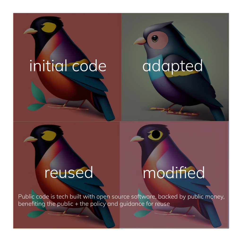 Four birds of the same breed, slightly modified with respective tags: initial code, adapted, reused, modified. Body text reads: Public code is tech built with open source software, backed by public money, benefiting the public + the policy and guidance for reuse.