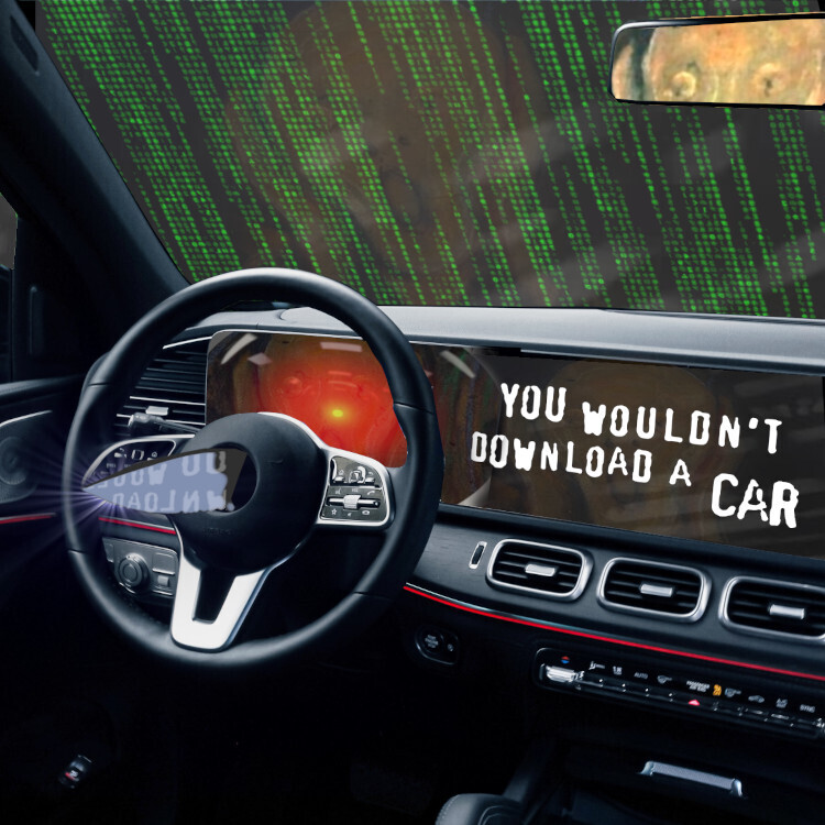 The interior of a luxury car. There is a dagger protruding from the steering wheel. The entertainment console has been replaced by the text 'You wouldn't download a car,' in MPAA scare-ad font. Outside of the windscreen looms the Matrix waterfall effect. Visible in the rear- and side-view mirror is the driver: the figure from Munch's 'Scream.' The screen behind the steering-wheel has been replaced by the menacing red eye of HAL9000 from Stanley Kubrick's '2001: A Space Odyssey.'

Image:
Cryteria (modified)
https://commons.wikimedia.org/wiki/File:HAL9000.svg
CC BY 3.0
https://creativecommons.org/licenses/by/3.0/deed.en