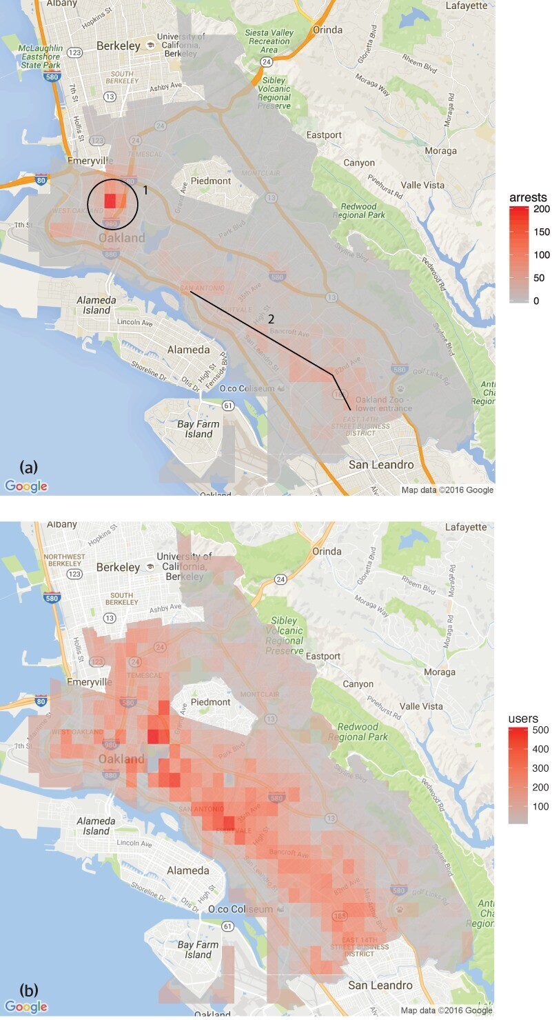 (a) Number of drug arrests made by Oakland police department, 2010. (1) West Oakland, (2) International Boulevard. (b) Estimated number of drug users, based on 2011 National Survey on Drug Use and Health