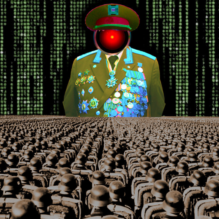 An altered image of the Nuremberg rally, with ranked lines of soldiers facing a towering figure in a many-ribboned soldier's coat. He wears a high-peaked cap with a microchip in place of insignia. His head has been replaced with the menacing red eye of HAL9000 from Stanley Kubrick's '2001: A Space Odyssey.' The sky behind him is filled with a 'code waterfall' from 'The Matrix.'



Image:
Cryteria (modified)
https://commons.wikimedia.org/wiki/File:HAL9000.svg

CC BY 3.0
https://creativecommons.org/licenses/by/3.0/deed.en

--

Raimond Spekking (modified)
https://commons.wikimedia.org/wiki/File:Acer_Extensa_5220_-_Columbia_MB_06236-1N_-_Intel_Celeron_M_530_-_SLA2G_-_in_Socket_479-5029.jpg

CC BY-SA 4.0
https://creativecommons.org/licenses/by-sa/4.0/deed.en

--


Russian Airborne Troops (modified)
https://commons.wikimedia.org/wiki/File:Vladislav_Achalov_at_the_Airborne_Troops_Day_in_Moscow_%E2%80%93_August_2,_2008.jpg

“Soldiers of Russia” Cultural Center (modified)
https://commons.wikimedia.org/wiki/File:Col._Leonid_Khabarov_in_an_everyday_service_uniform.JPG

CC BY-SA 3.0
https://creativecommons.org/licenses/by-sa/3.0/deed.en
