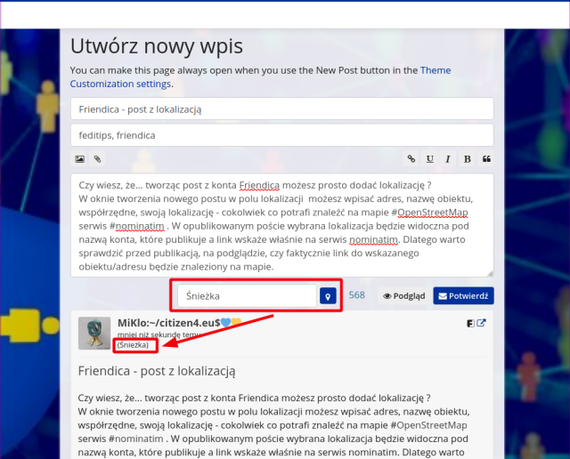 Scrennshot - tworzenie postu friendica z podaniem lokalizacji Scrennshot - tworzenie postu friendica z podaniem lokalizacji