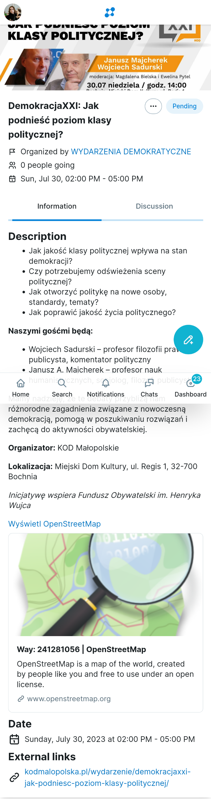 Zrzut ekranu wydarzenia KOD-u z Mobilizona w interfejsie Soapbox.

Tytuł wydarzenia to „DemokracjaXXI: Jak podnieść poziom klasy politycznej?”