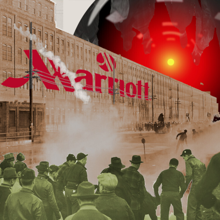 An old photo of strikers before a struck factory, with tear-gas plumes rising above them. The image has been modified to add a Marriott sign to the factory, and the menacing red eye of HAL9000 from Stanley Kubrick's '2001: A Space Odyssey' to the sky over the factory. The workers have been colorized to a yellow-green shade and the factory has been colorized to a sepia tone.


Image:
Cryteria (modified)
https://commons.wikimedia.org/wiki/File:HAL9000.svg

CC BY 3.0
https://creativecommons.org/licenses/by/3.0/deed.en
