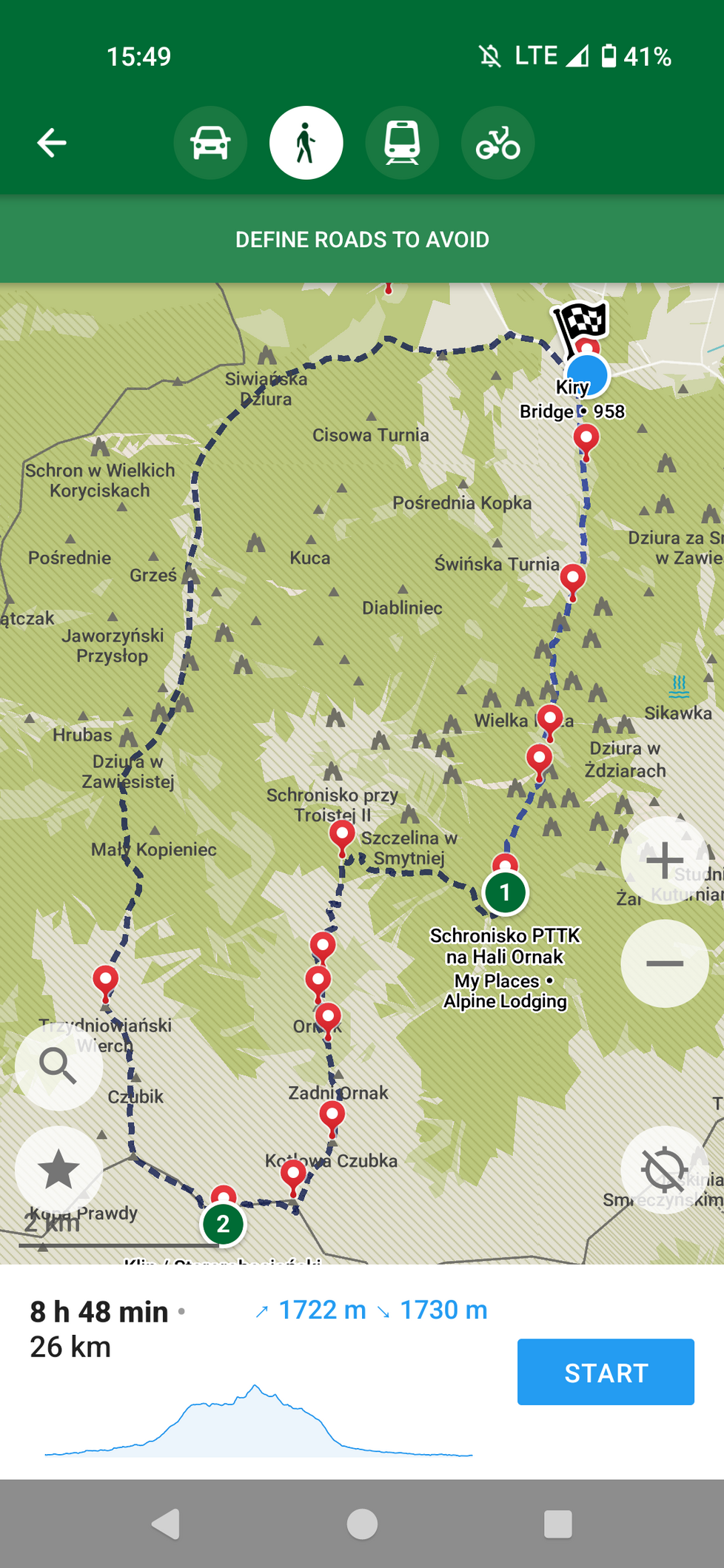 Trasa na Starorobociański Wierch z Doliny Kościeliskiej, powrót przez Dolinę Chochołowską wyznaczona w aplikacji. Czas przejścia blisko 9h, odległość 26km.