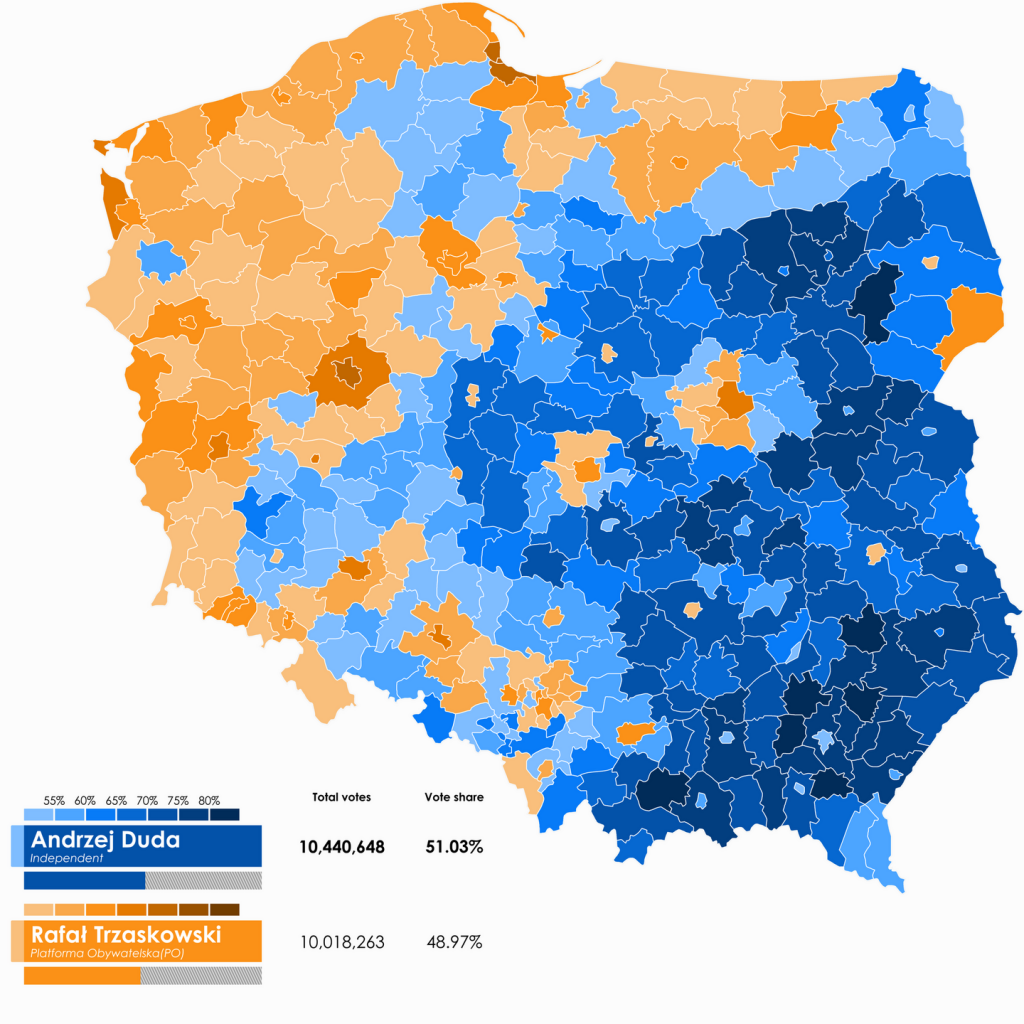 2020 Polish presidential election second round, PiS (blue), KO (orange) 