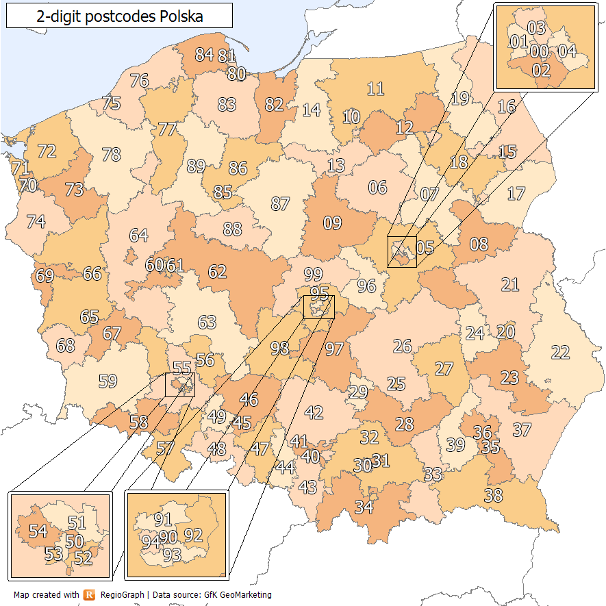 Map of Polish postcode regions