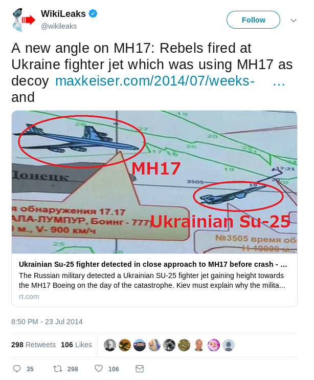 Post Wikileaks promujący artykuł z RT z jakąś kolejną teorią spiskową na temat MH17