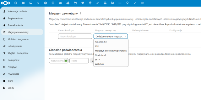 screenshot z panelu konfiguracji nextcloud