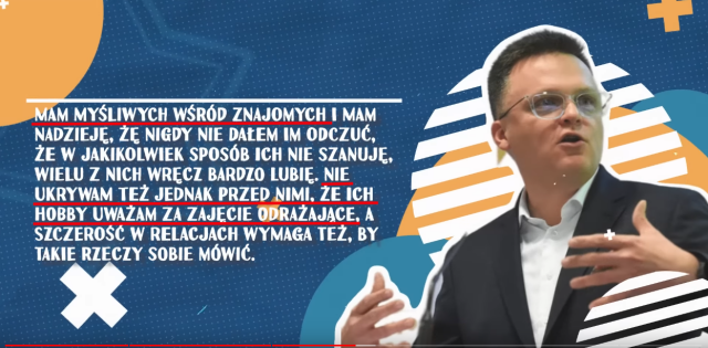 screenshot z filmu https://www.youtube.com/watch?v=rjSN4XRA5IY - wypowiedź S.Hołownia o myśliwych