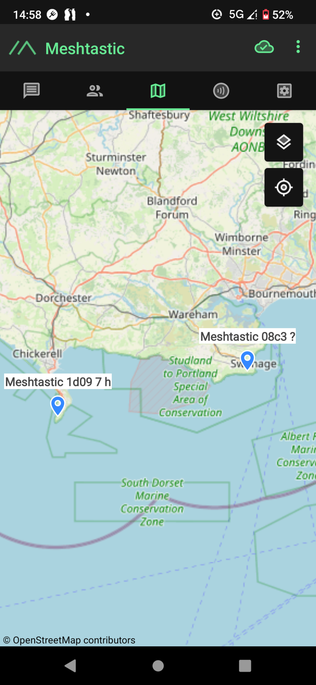 Meshtastic map screenshot showing one node in Portland and the other in Swanage