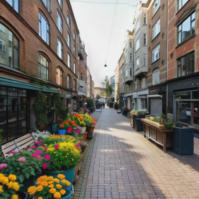 Reimagined Google streetview photo of Vaernedamsvej in Frederiksberg. The space is now dedicated to humans, with half of the street taken up by patios and colorful flowers. Cars are removed, the street is now open to people.