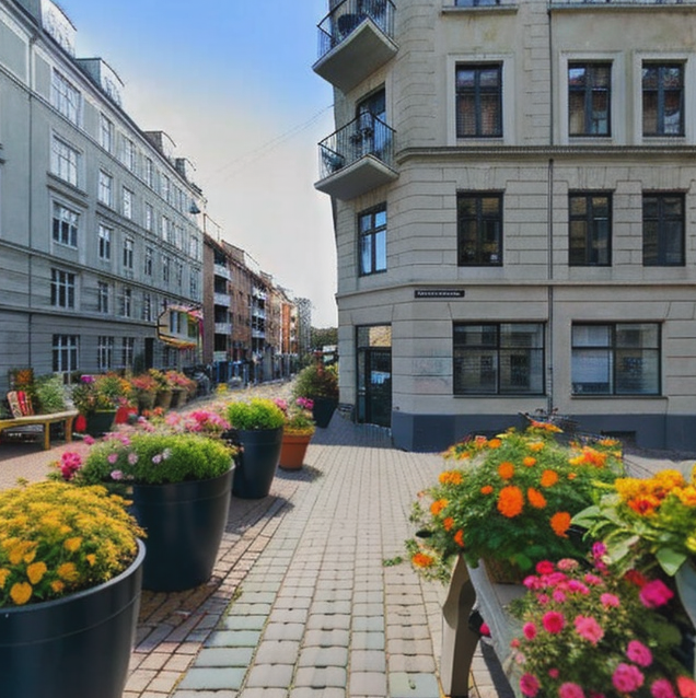 Reimagined Google streetview photo of Oehlenschlaegersgade in Copenhagen. The space is now dedicated to humans, with half of the street taken up by patios and colorful flowers. Cars are removed, the street is now open to people.