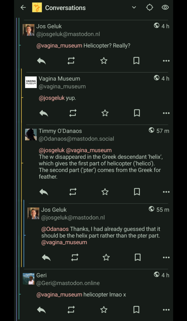 replies to a post by @vagina_museum. colourful markers along each post along with varying indentation make it easier to figure out at a glance who replied to whom.