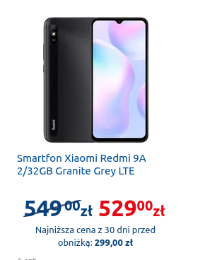 Screen ze strony internetowej z "przeceny" telefonu Redmi 9A z 549zł na 529zł, gdy kilka dni temu oferowano go za 299zł...