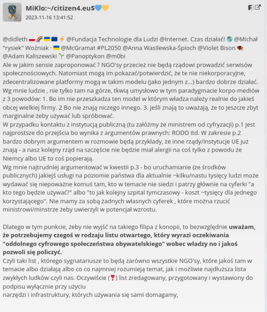 screenshot wpisu na fediverse dt. idei listu otwartego w sprawie "oddolnego cyfrowego społeczeństwa obywatelskiego"