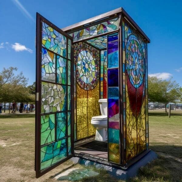 Porta potty made from stained glass.