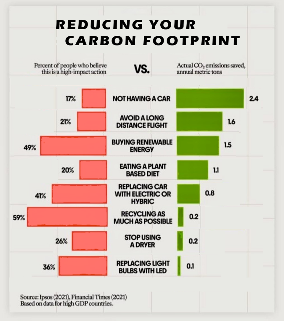 "Reducing your carbon footprint" - Datagraphic of highest-impact actions to reduce carbon emissions (not having a car, avoiding LD flights, buying renewable energy, eating a plant based diet, etc.) with comparison to stated beliefs of what's most effective.