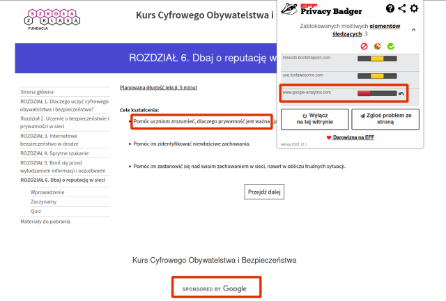 screenshot - szkoła z klasą - cele: dlaczego prywatność jest ważna , poniżej: sponsored by google