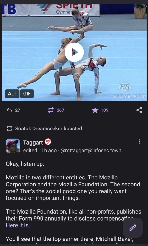 A screenshot of Mastodon users doing splits explaining the foundation/corporation duality