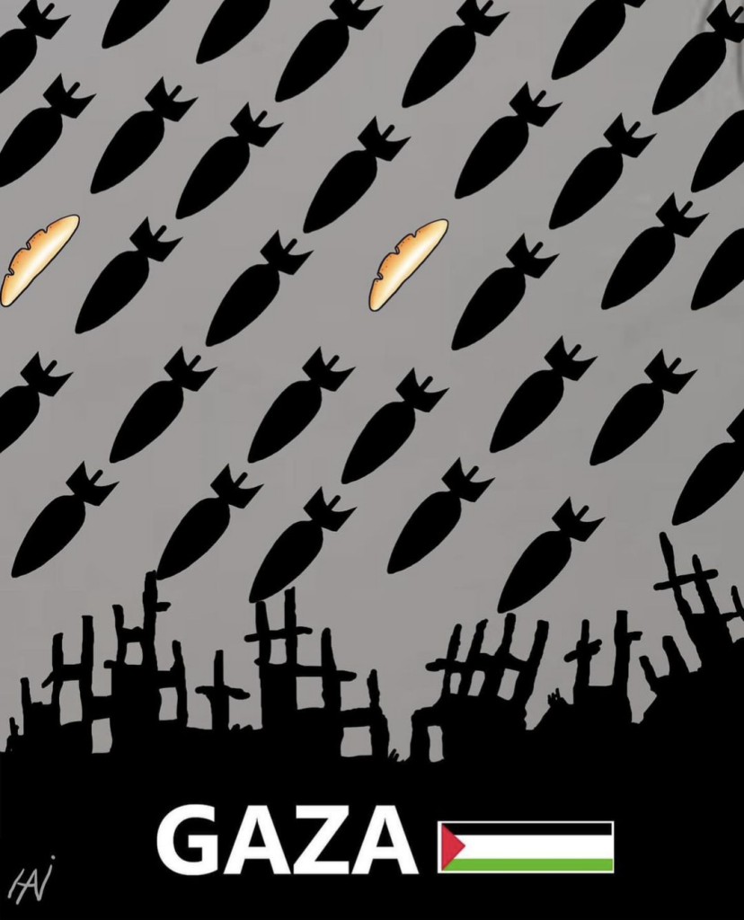 Drawing of a dozens of bombs falling on ruins and rubles, with two loaves of bread falling in the midst  of the bombs. "Gaza" is written at the bottom, next to a Palestinian flag. 