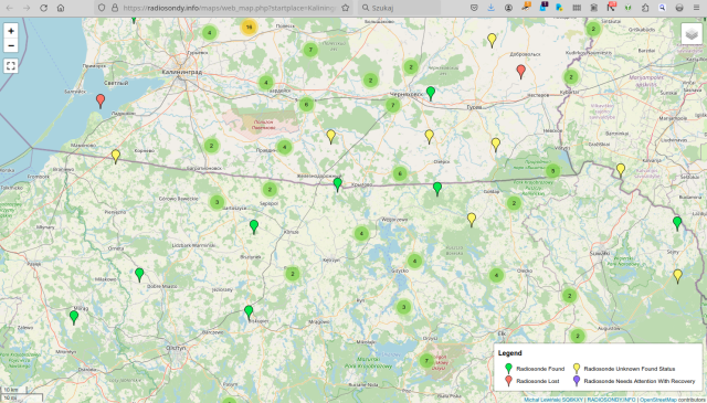 screenshot - widok mapy ze strony radiosondy.info - zaznaczone balony - sondy meteo wypuszczone z Królewca w ostatnich kilku latrach i miejsca ich upadku