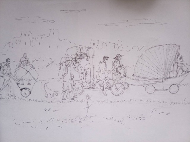 A rough sketch of a DIY vehicles caravan passing through a crumbling city. A rough sketch of a DIY vehicles caravan passing through a crumbling city.