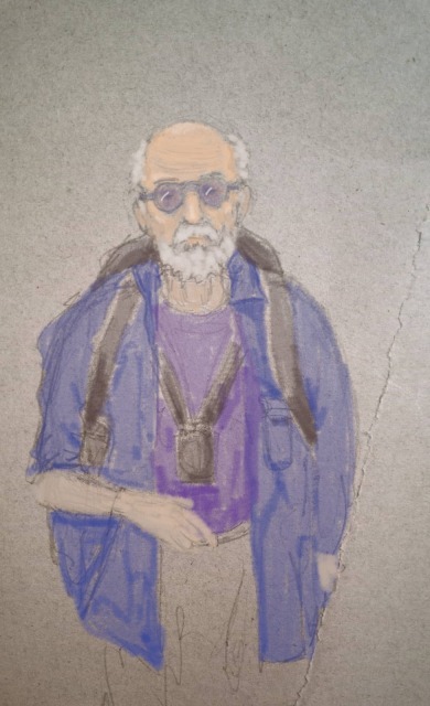 An oldtimer, in the worn-out tourist outfit and grim face. An oldtimer, in the worn-out tourist outfit and grim face.