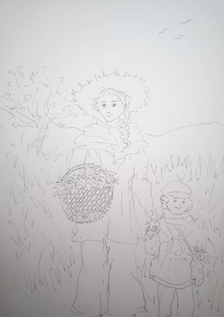 sketched a pair - supposedly mother and child - at the meadow, generally bucolic vibes.